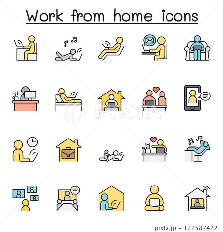 Working at home icon set in flat color style Working at home icon set in flat color style 122587422