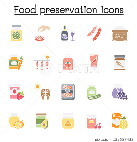 Preserved food icon set in flat color style 122587432