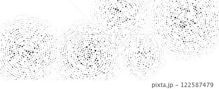 Black dotted concentric circle pattern. Radial halftone abstract wallpaper. Rippled sound wave ring background. Tech circular particle texture for banner, poster, presentation. Vector backdrop Black dotted concentric circle pattern. Radial halftone abstract wallpaper. Rippled sound wave ring background. Tech circular particle texture for banner, poster, presentation. Vector backdrop 122587479