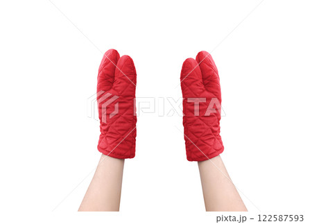 Red microwave gloves, top view, white background. 122587593