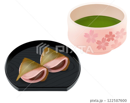お皿にのった関東風の桜餅と抹茶 122587600