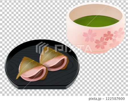 お皿にのった関東風の桜餅と抹茶 122587600