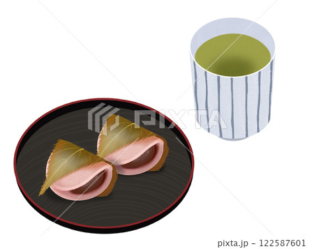 お皿にのった関東風の桜餅とお茶 122587601