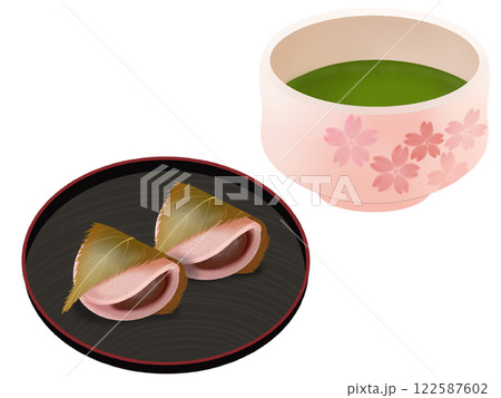 お皿にのった関東風の桜餅と抹茶 122587602