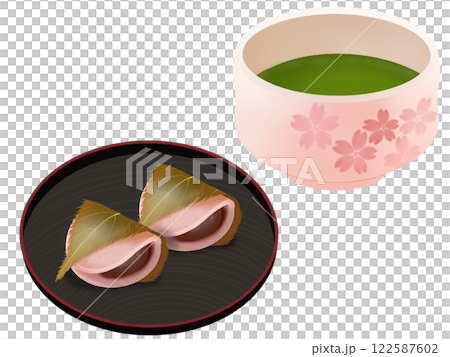 お皿にのった関東風の桜餅と抹茶 122587602
