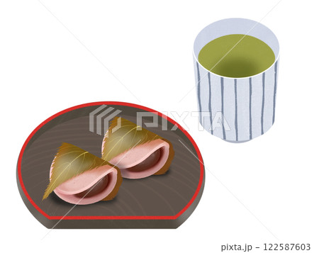 お皿にのった関東風の桜餅とお茶 122587603