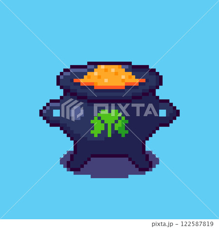 Pixel art Pot with Clover for St Patrick Day game asset design 122587819