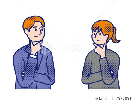 手を顎に当て考えている若い男女の上半身のドットイラスト 122587851