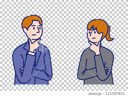 手を顎に当て考えている若い男女の上半身のドットイラスト 122587851