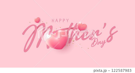 Happy Mothers Day lettering. Mothers day greeting card with blooming tulip flowers on pink background. symbols of love in shape of heart for greeting card, cover and label. vector design. 122587983