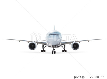 Front view of wide body passenger jet plane isolated on white background 122588153