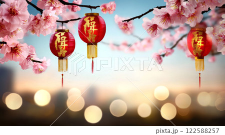 Red lanterns and cherry blossoms create festive scene 122588257