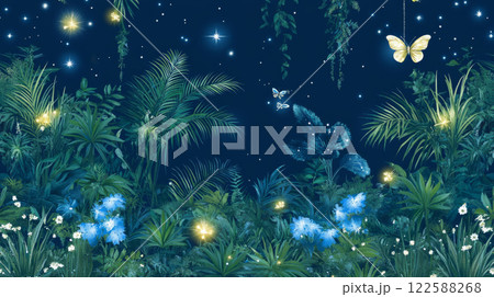 Lush tropical night scene with glowing butterflies Lush tropical night scene with glowing butterflies 122588268