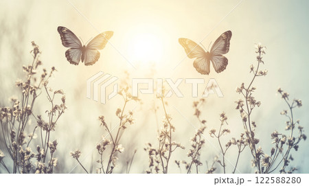 Butterflies fluttering over sunlit wildflowers 122588280