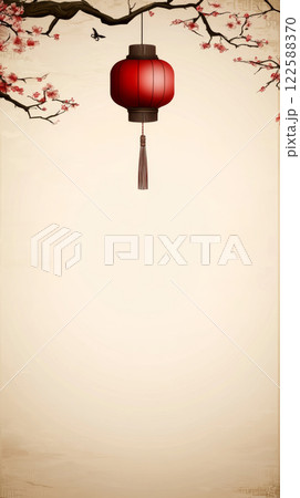 Red lantern with cherry blossoms on festive background Red lantern with cherry blossoms on festive background 122588370