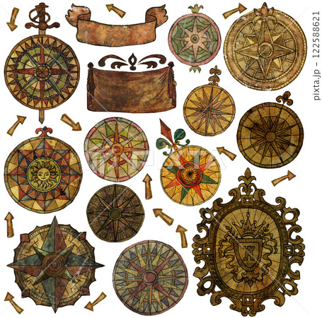Design set with colorful hand drawn old compasses or rose winds with decorative elements, arrows and patterns. Vintage transportation and adventures concept isolated on white. Design set with colorful hand drawn old compasses or rose winds with decorative elements, arrows and patterns. Vintage transportation and adventures concept isolated on white. 122588621