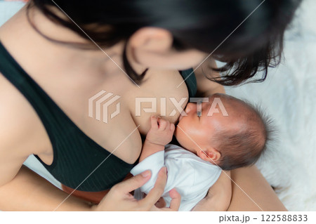 Mother breastfeeding her little baby boy in her arms. The concept of breastfeeding. Mother breastfeeding her little baby boy in her arms. The concept of breastfeeding. 122588833