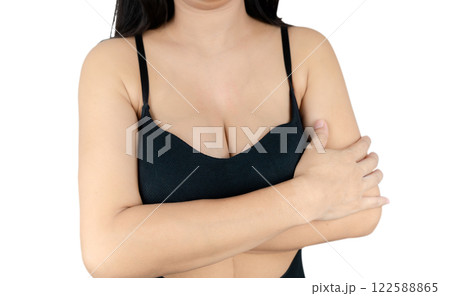 Woman with beautiful breasts, black bra isolated on white background, closeup. 122588865
