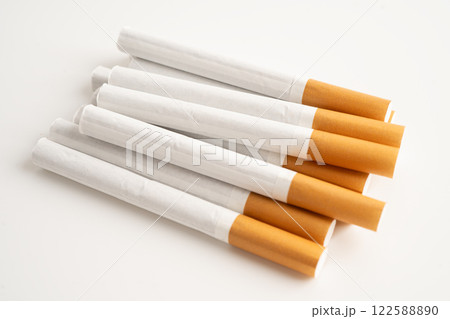 Cigarette on US dollar banknotes, cost, trading, marketing and production, No smoking, import export. 122588890