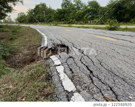 The road used for jogging in the park is damaged. The road used for jogging in the park is damaged. 122588920