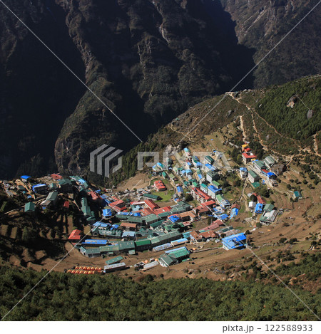Namche Bazar seen from above, Nepal. 122588933