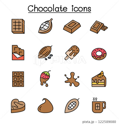 Cacao, Chocolate, Cocoa icon set in color line style Cacao, Chocolate, Cocoa icon set in color line style 122589080