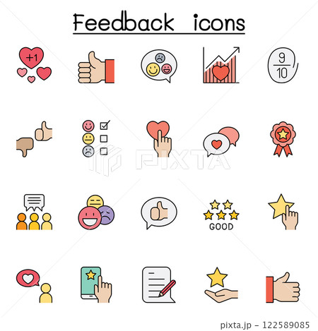 Set of Customer Feedback flat color icon. contains such icon as review, comment, Loyalty, customer relationship management, satisfaction and more 122589085