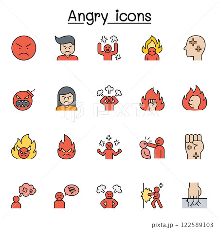 Set of angry Related Vector flat color icon. Contains such icon as crazy, mad, violence, aggressive, boxing, hit, punch and more Set of angry Related Vector flat color icon. Contains such icon as crazy, mad, violence, aggressive, boxing, hit, punch and more 122589103