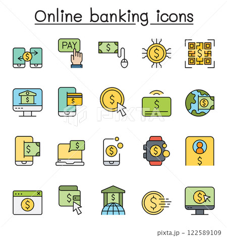 Online banking icon set in color line style Online banking icon set in color line style 122589109