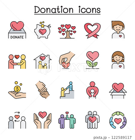 Donation and Charity icon set in color line style Donation and Charity icon set in color line style 122589117