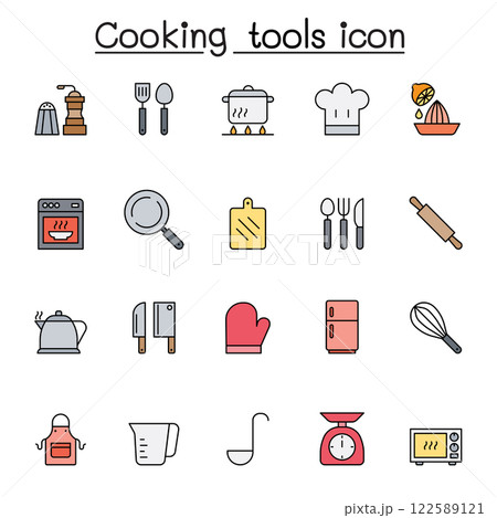 Cooking tools icon set in color line style Cooking tools icon set in color line style 122589121