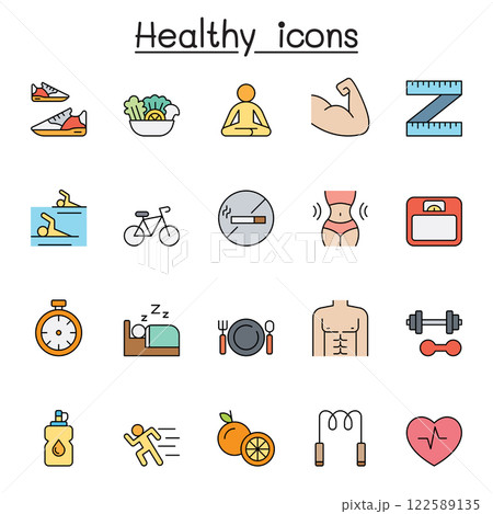 Healthy icon set in color line style Healthy icon set in color line style 122589135