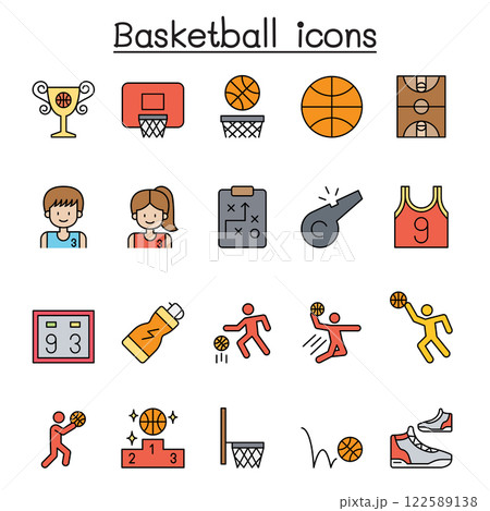 Basketball icon set in color line style 122589138