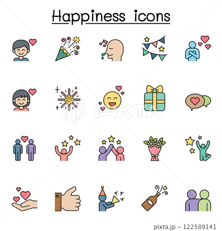 Set of Happy Related Vector flat color icon. Contains such icon as smile, celebration, cheer, party, fun, enjoy, jump, firework, flower, satisfaction, heart, star and more Set of Happy Related Vector flat color icon. Contains such icon as smile, celebration, cheer, party, fun, enjoy, jump, firework, flower, satisfaction, heart, star and more 122589141