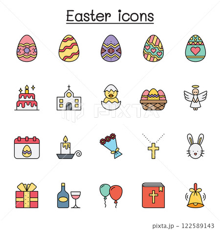 Set of Easter Related Vector flat color icon. Contains such icon as egg, gift, church, rabbit, chicken, bible, balloon, flower, cross, angel, celebration and more. Set of Easter Related Vector flat color icon. Contains such icon as egg, gift, church, rabbit, chicken, bible, balloon, flower, cross, angel, celebration and more. 122589143