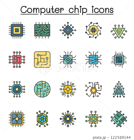 Set of Computer chip Related Vector flat color icon. Contains such icon as circuit, mother board, electronic panel, cpu, processor and more Set of Computer chip Related Vector flat color icon. Contains such icon as circuit, mother board, electronic panel, cpu, processor and more 122589144