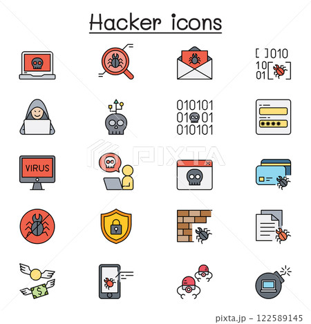 Set of Hacker Related Vector flat color icon. Contains such icon as spy, virus computer, malware, spam, firewall, computer security, password, application, steal and more. 122589145