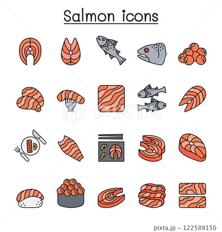 Salmon icon set in color line style Salmon icon set in color line style 122589150