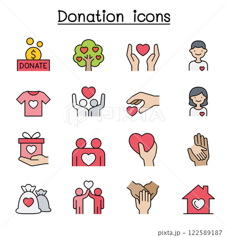 Set of Donation and charity flat color icon. contains such icon as, volunteer, fundraiser, kindness, giving, assistance, support, care and more. 122589187