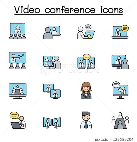 Video conference icon set in color line style 122589204