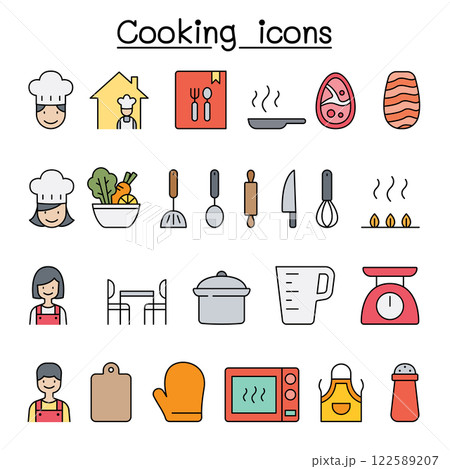 Cooking icon set in color line style Cooking icon set in color line style 122589207