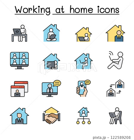 Working at home icon set in color line style Working at home icon set in color line style 122589208