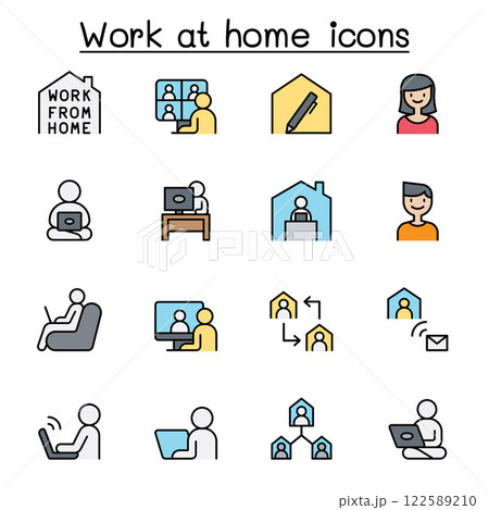 Set of Work at home flat color icon. contains such icon as, business people, video conference, online meeting, business people, freelance, stay home campaign and more. Set of Work at home flat color icon. contains such icon as, business people, video conference, online meeting, business people, freelance, stay home campaign and more. 122589210