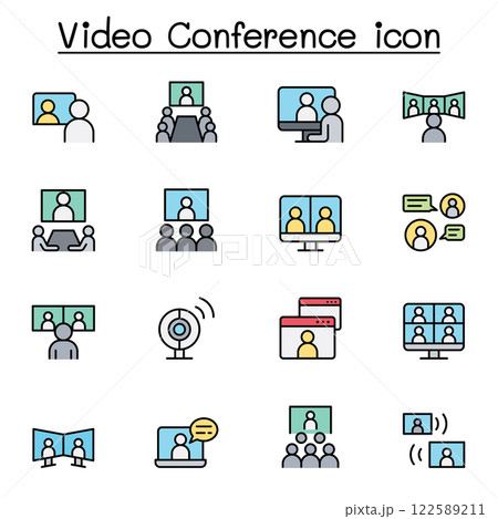 Set of Video conference flat color icon. Contains such icon as online meeting, business communication, team, classroom, online education, presentation, work from home and more. Vector illustration 122589211