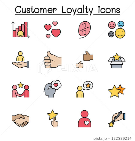 Set of Customer loyalty flat color icon. contains such icon as review, comment, feedback, customer relationship managment, satisfaction and more Set of Customer loyalty flat color icon. contains such icon as review, comment, feedback, customer relationship managment, satisfaction and more 122589214