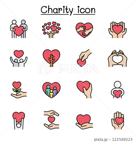 Set of Donation and Charity related vector flat color icon. contains such icon as kindness, fundraiser, volunteer, support, heart, helping, care, give, hope, friendship, hug, protect and more. 122589223