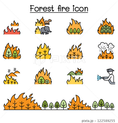 forest fire, wildfire icon set in color line style 122589255