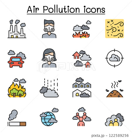 Air pollution and Virus disease icon set in color line style 122589256