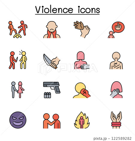 Violence, human trafficking, abuse, sexual harassment icon set in color line style 122589282