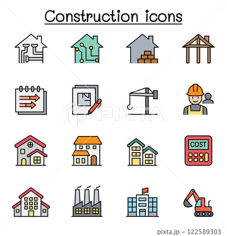 Construction icon set in color line style Construction icon set in color line style 122589303